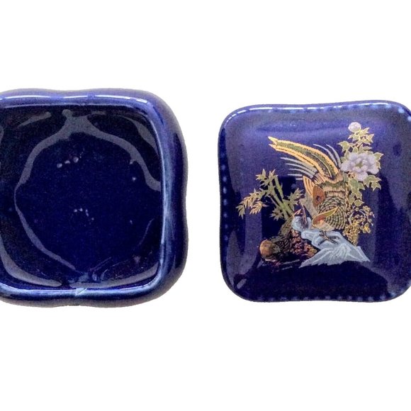 Ceramic Trinket Box Cobalt Blue with Bird Outdoors - Picture 2 of 7